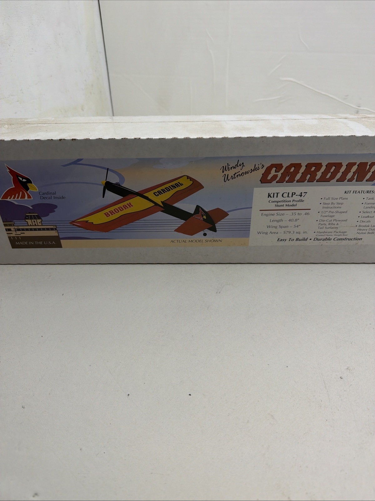 NIB Brodak Cardinal 54”Control Line Stunt Balsa Model Airplane Kit Sealed