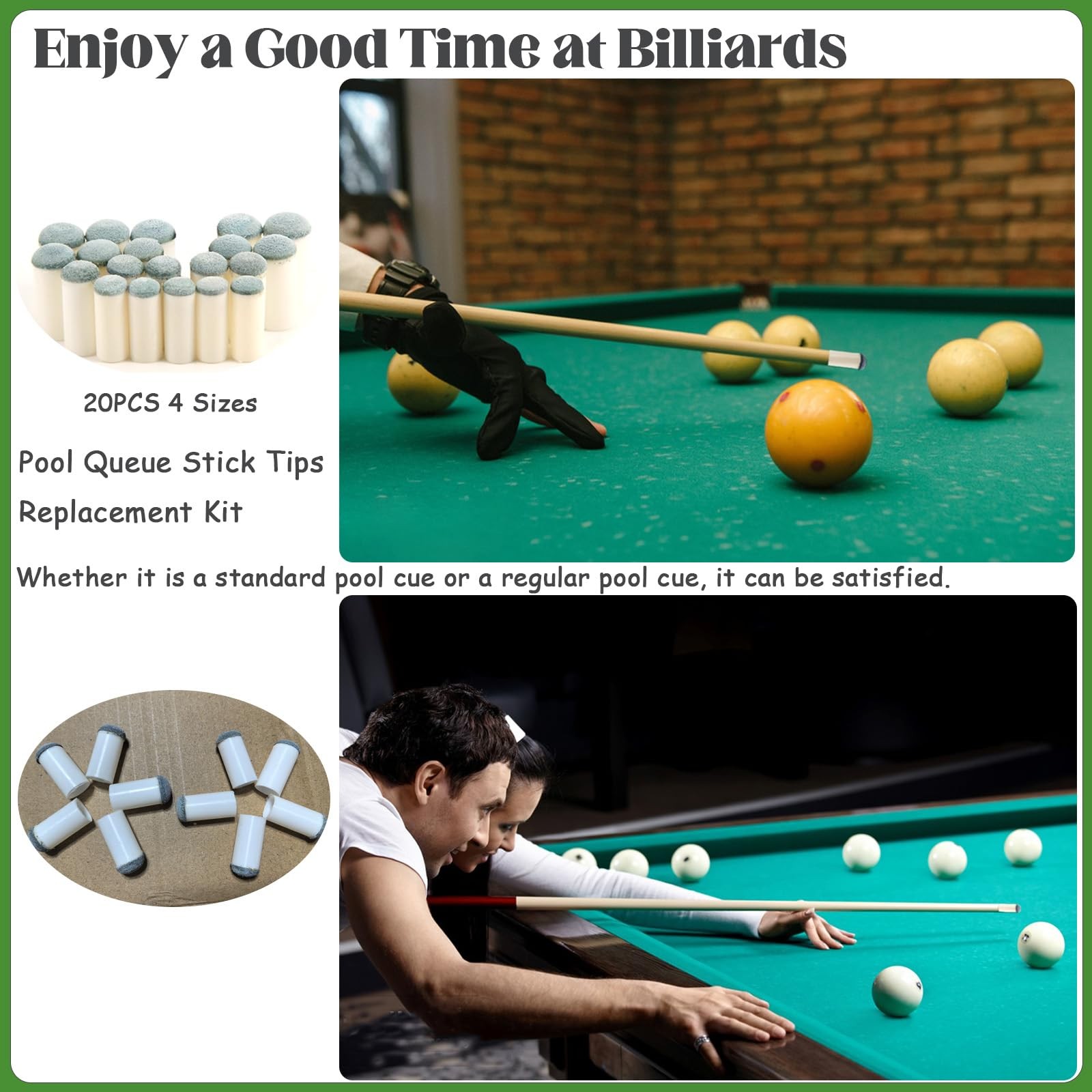 Keromtein 20pcs Slip On Pool Cue Tips, 4 Sizes Pool Queue Stick Tips Replacem...
