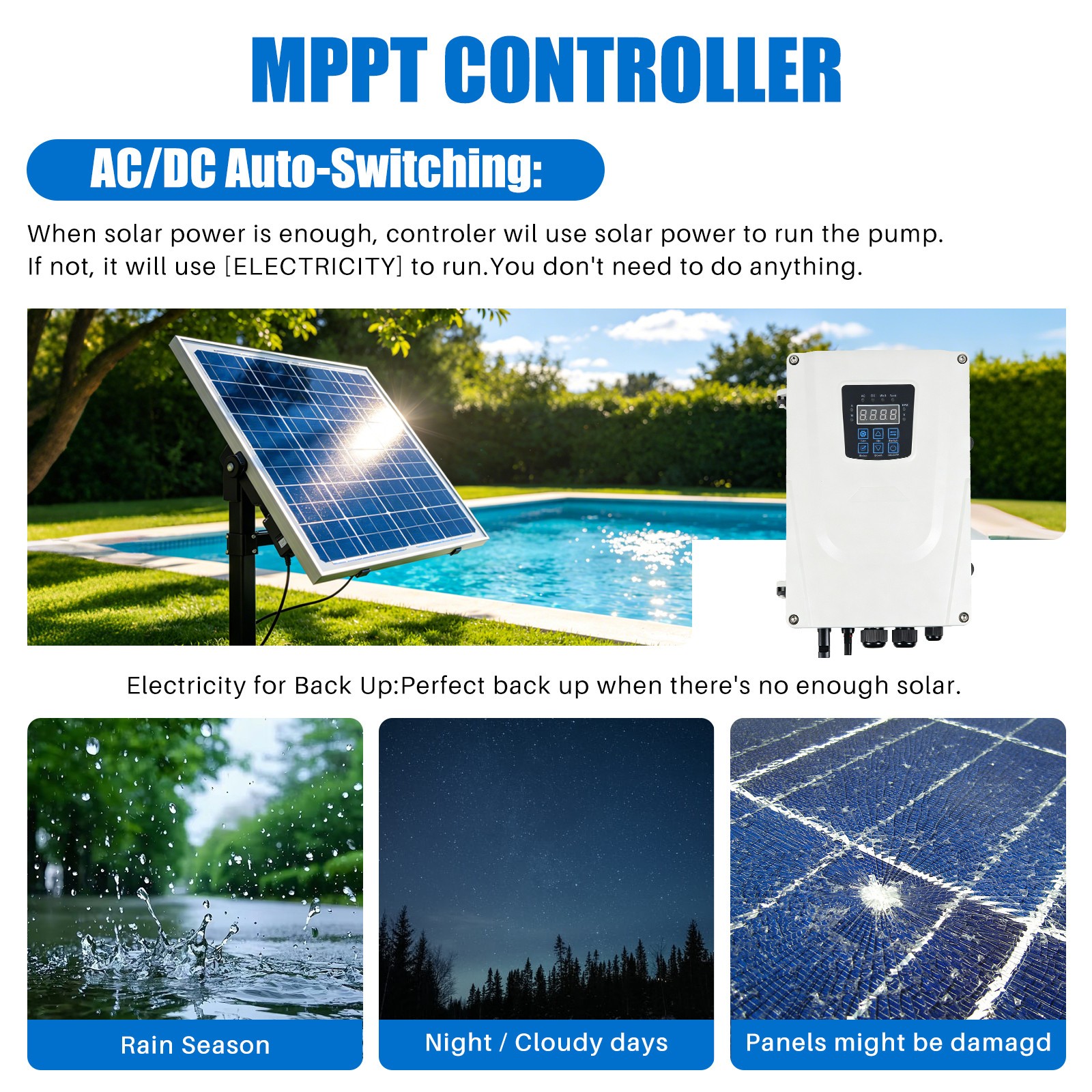 900W Solar Hybrid Swimming Pool Pump Kits with AC/DC Auto-switching Controller