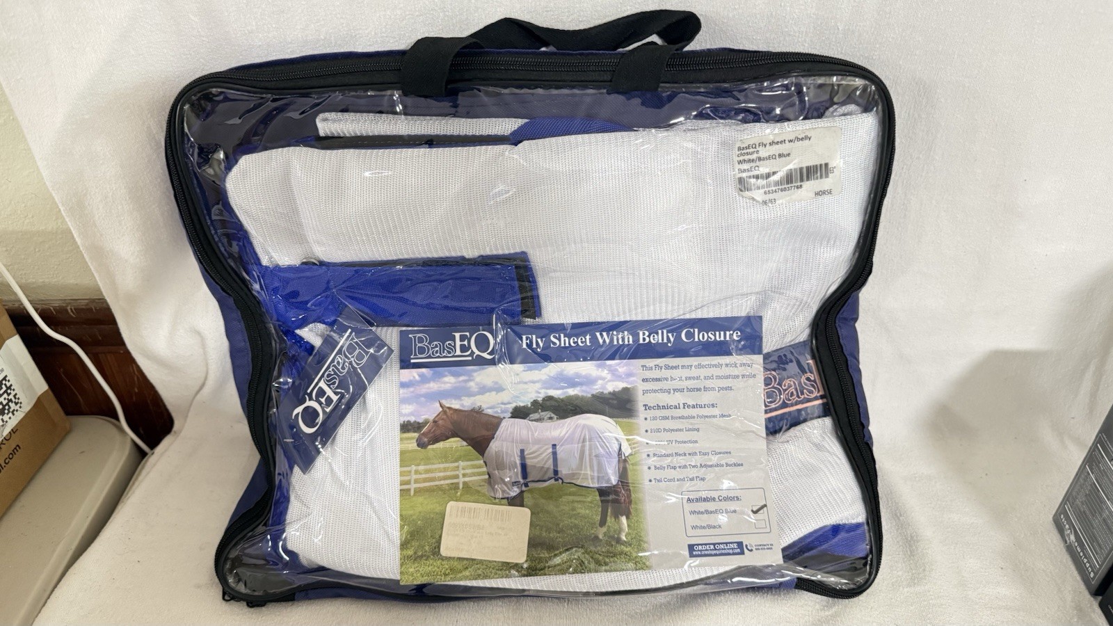 NEW BasEQ fly sheet with belly closure white blue 63” Horse Mesh 120 GSM