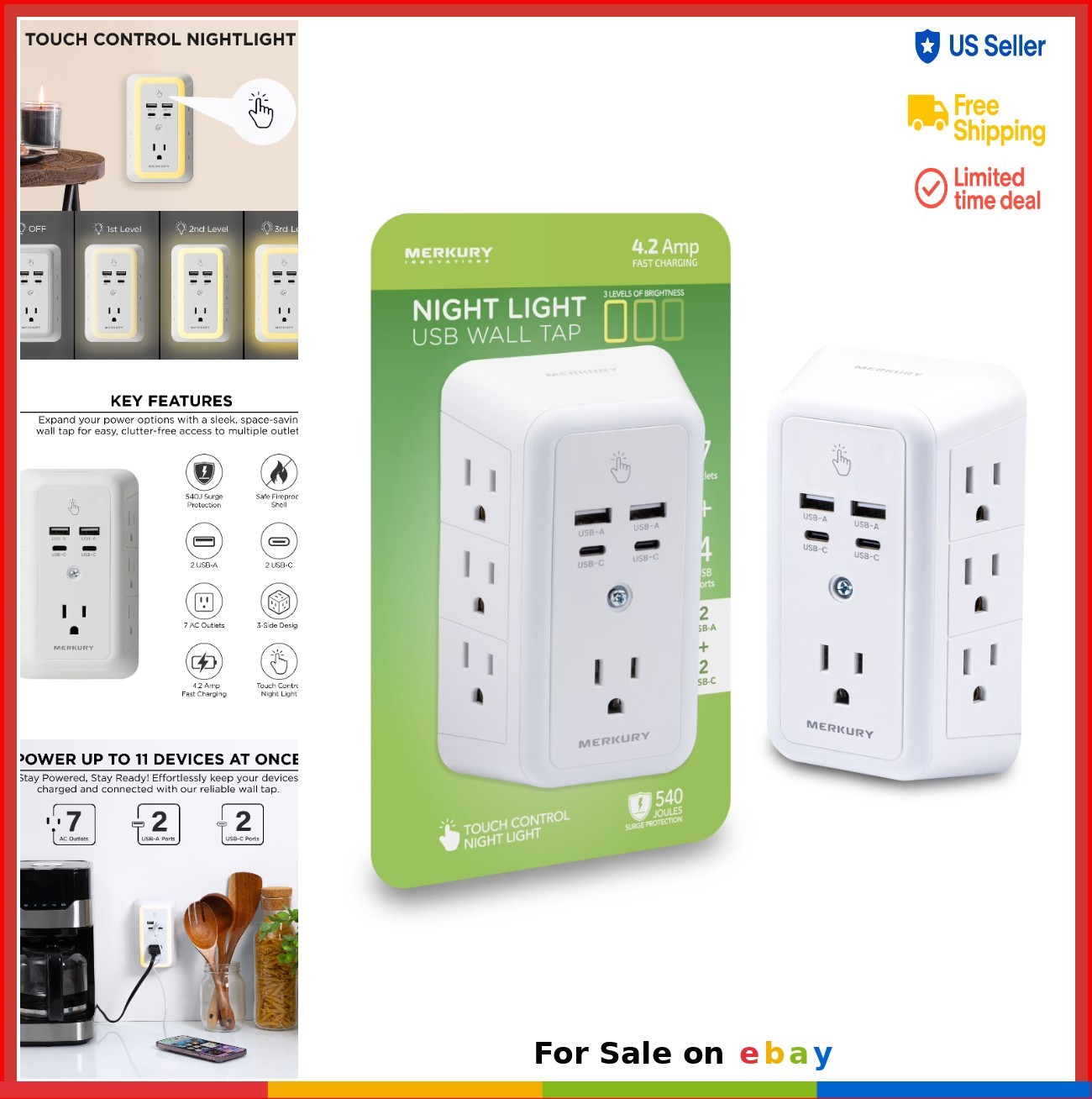 Wall Tap Power Strip 7 AC Outlets 2 USB A and 2 USB C 540J Surge Protector