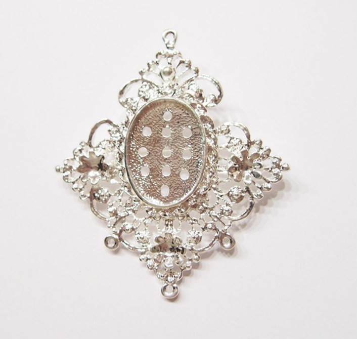 5 of 25x18mm Shiny Silver Victorian Flowers Cabs Brooch Pendant Setting 60x55mm