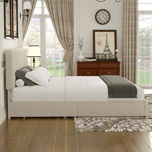 Size Upholstered Bed Frame with 4 Drawers Queen Beige Bed Frame with Drawer