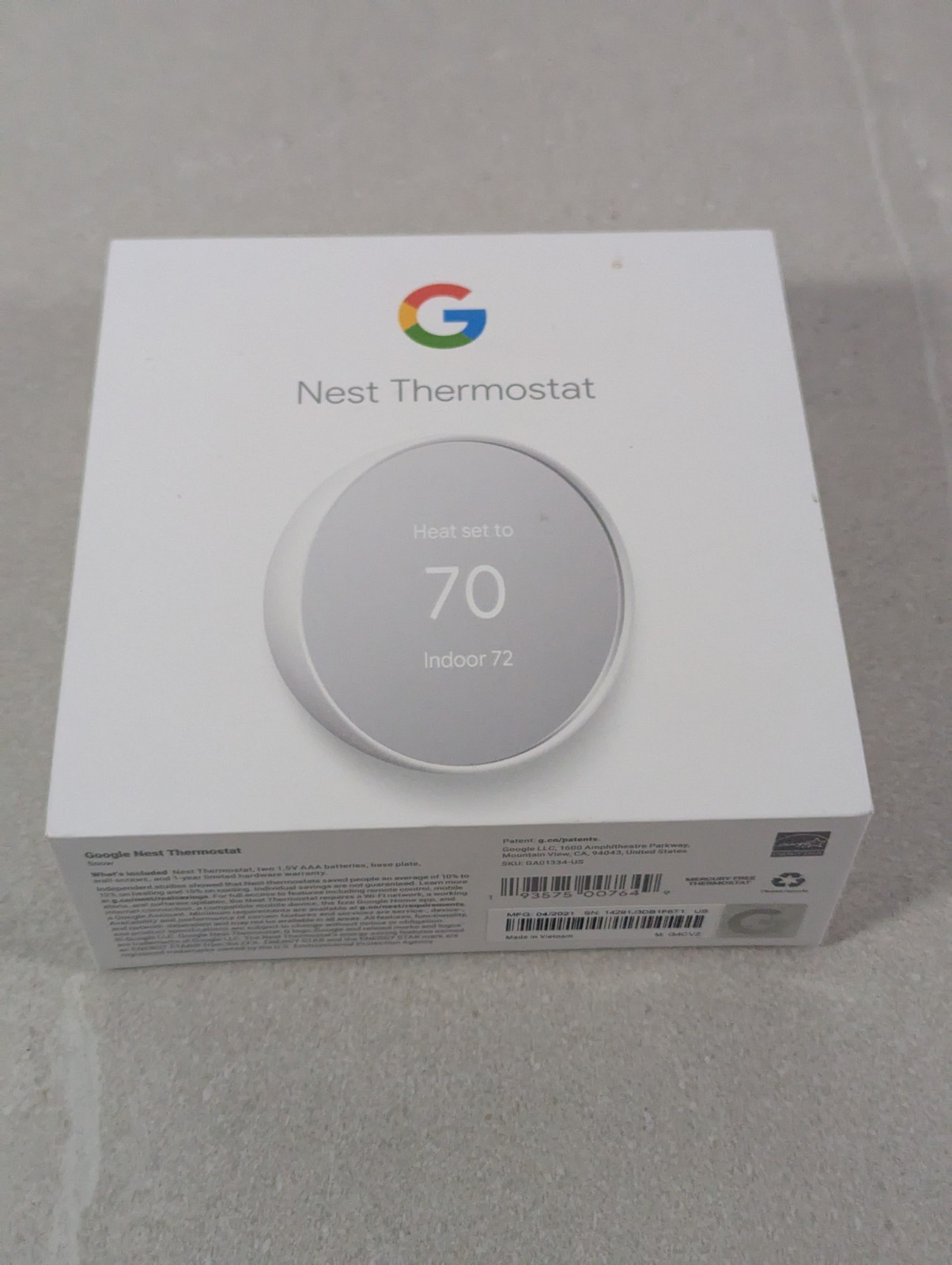 Google Nest Thermostat Model G4CVZ Color Snow