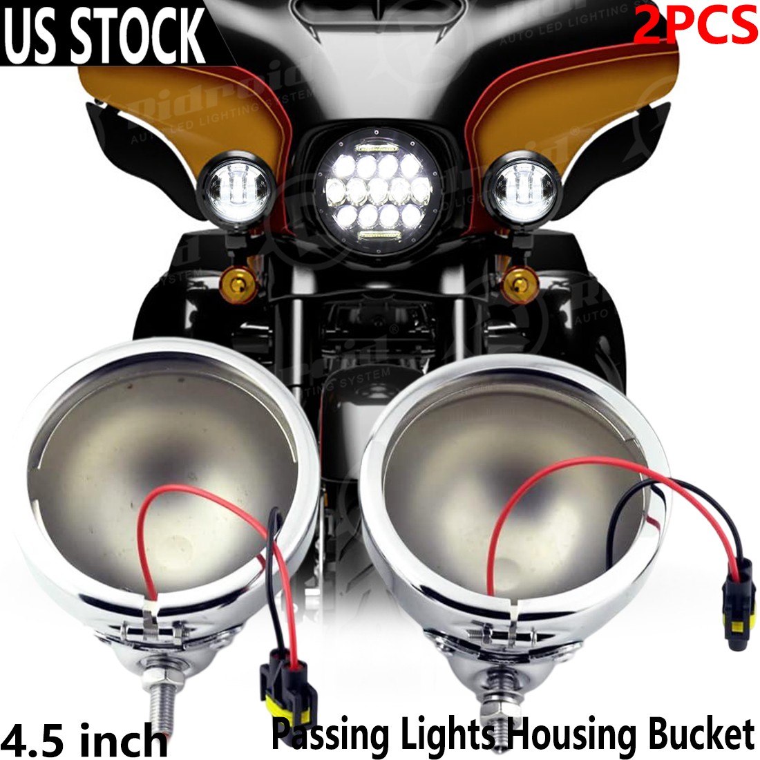 4-1/2" 4.5 inch Auxiliary Fog Passing Lights Housing Bucket For Harley Davidson