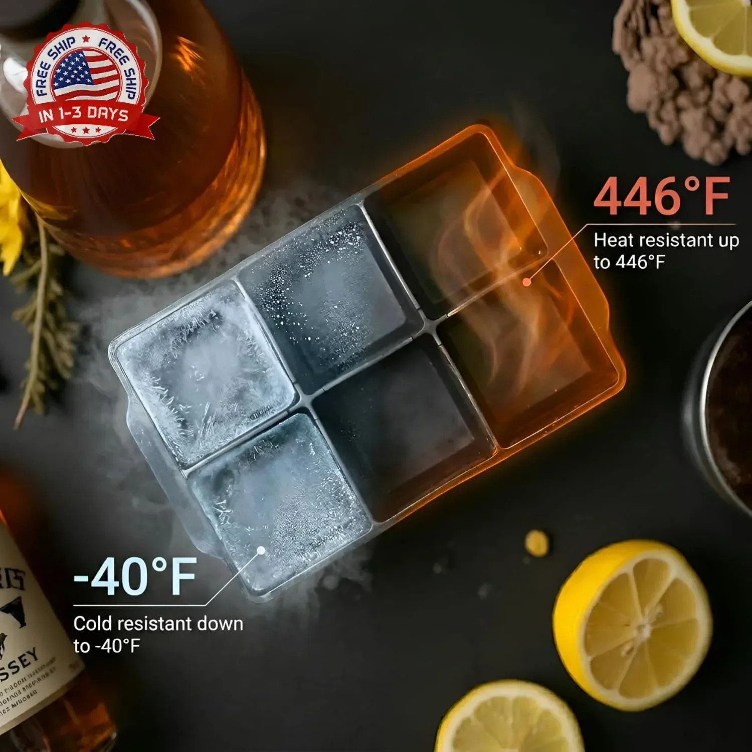 KitchFort Large Silicone Ice Cube Tray (2-Pack), Easy Release 2" Big Ice Cubes -