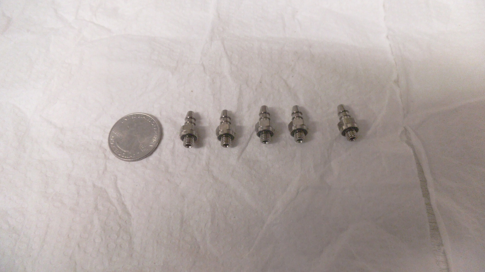 Qty 5 Pneumadyne fittings 10-32 male x .170 ID hose Ni plated Brass SBF-170