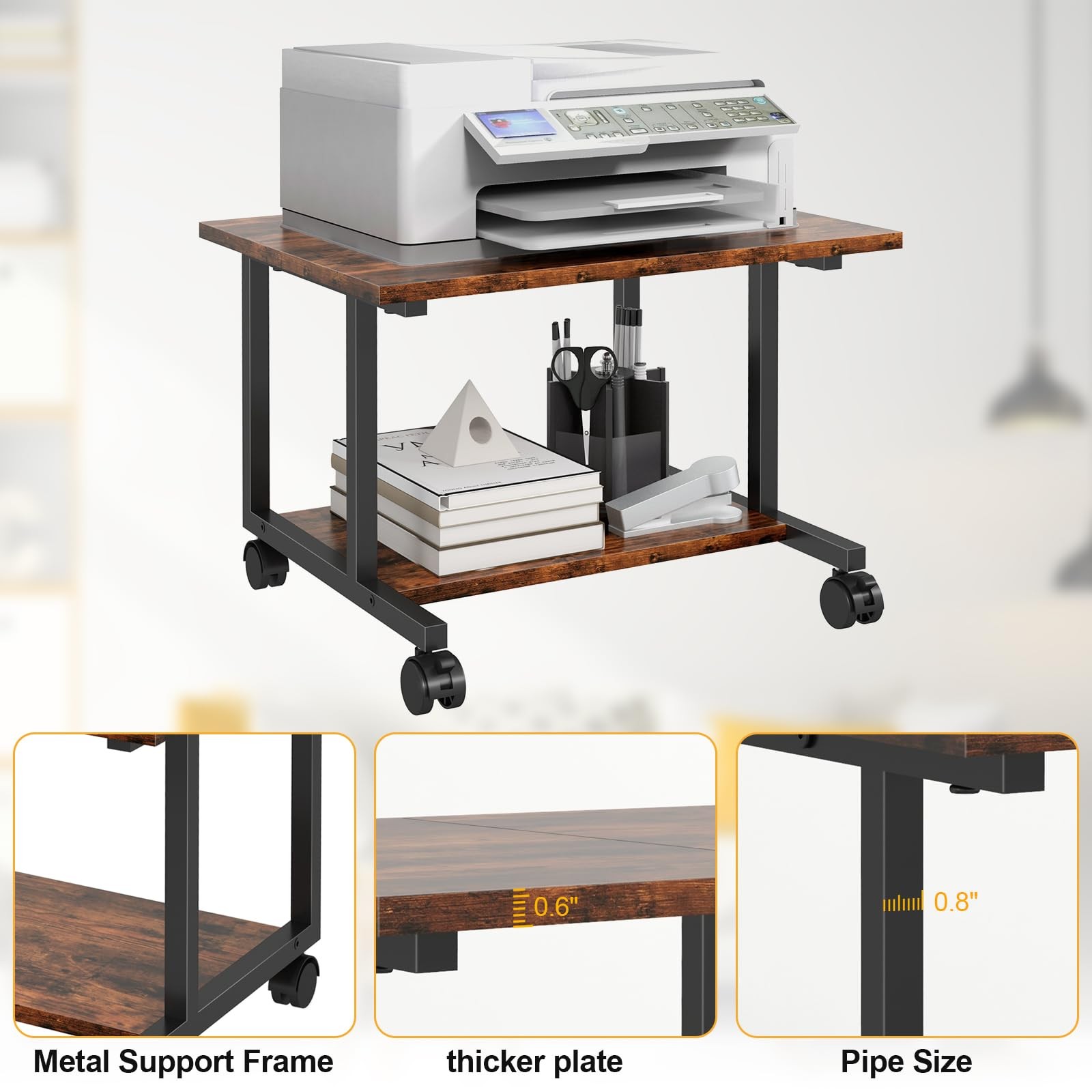 Rustic Brown 2Tier Industrial Mobile Rolling Under Desk Printer Stand Table