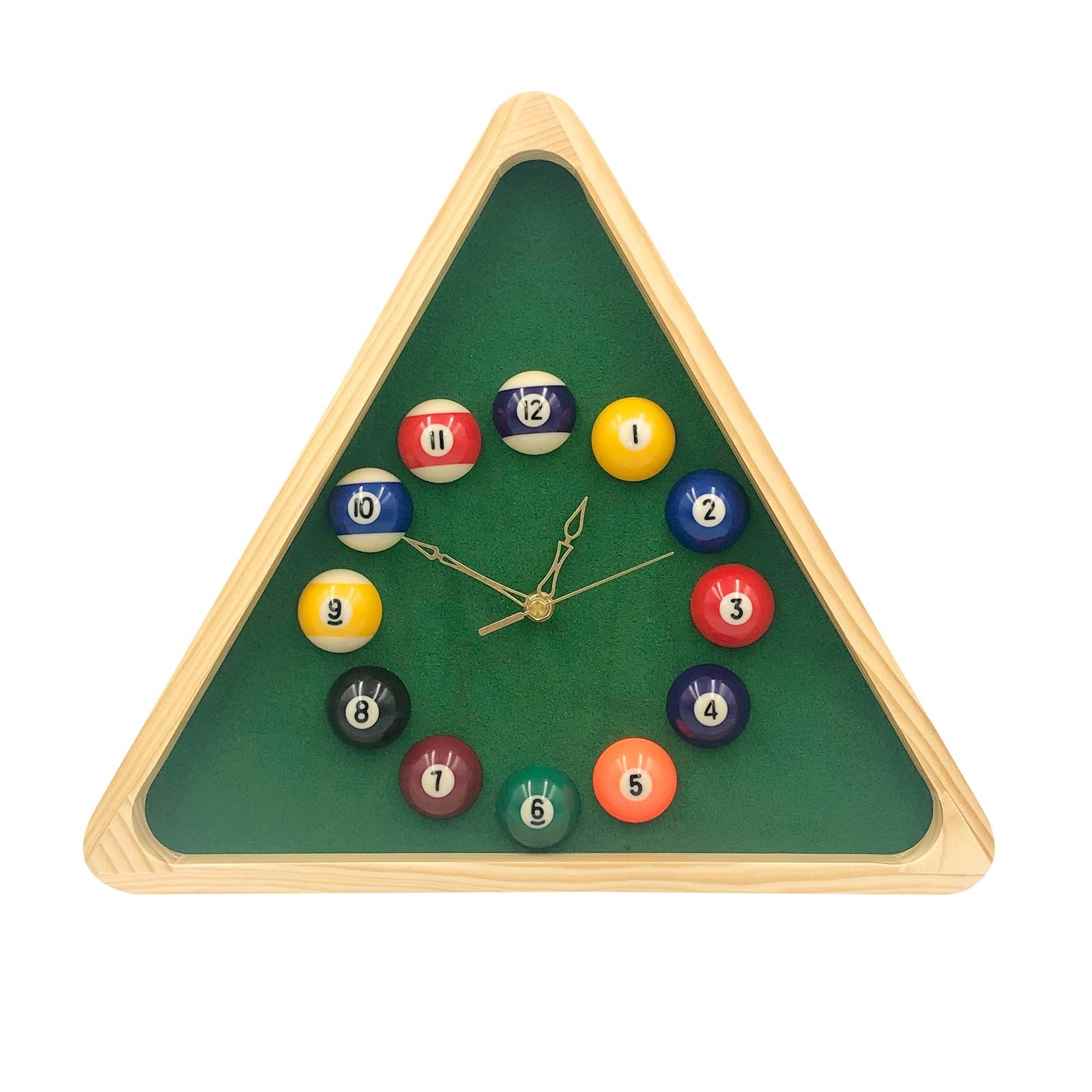 14-Inch Triangle Pool Table Wall Clock - Solid Wood Frame for Billiards Room, Ga