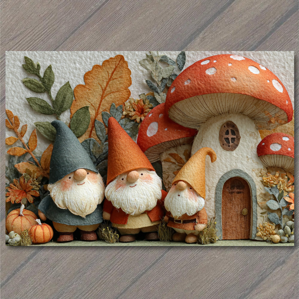 POSTCARD Gnomes Autumn Forest Mushrooms Home Pumpkins Cozy Cottage