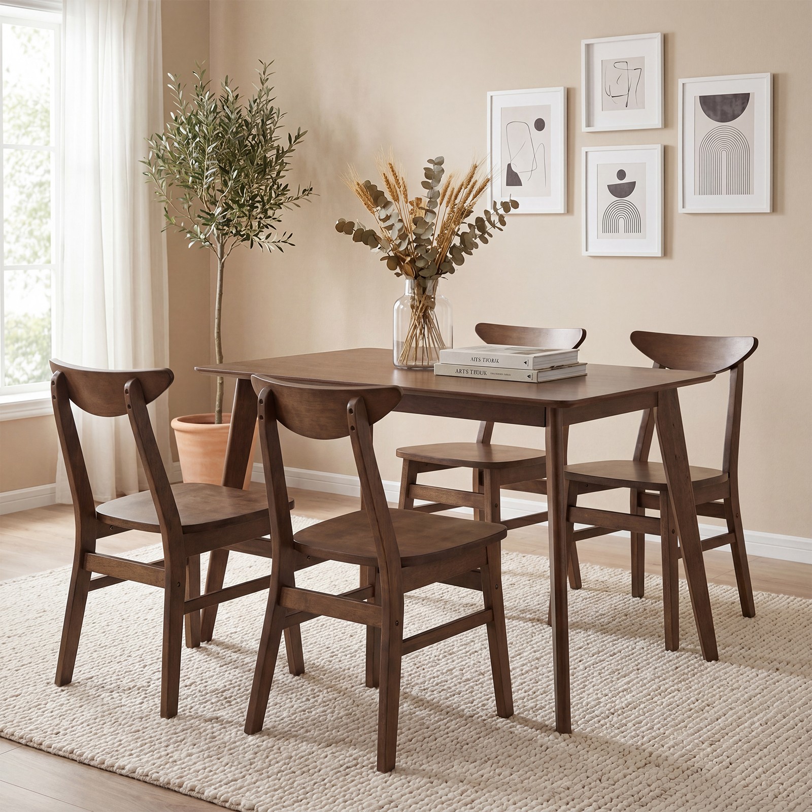 5PCS Solid Wood Dining Table Set, Mid Century Kitchen Table and Chairs Set for 4