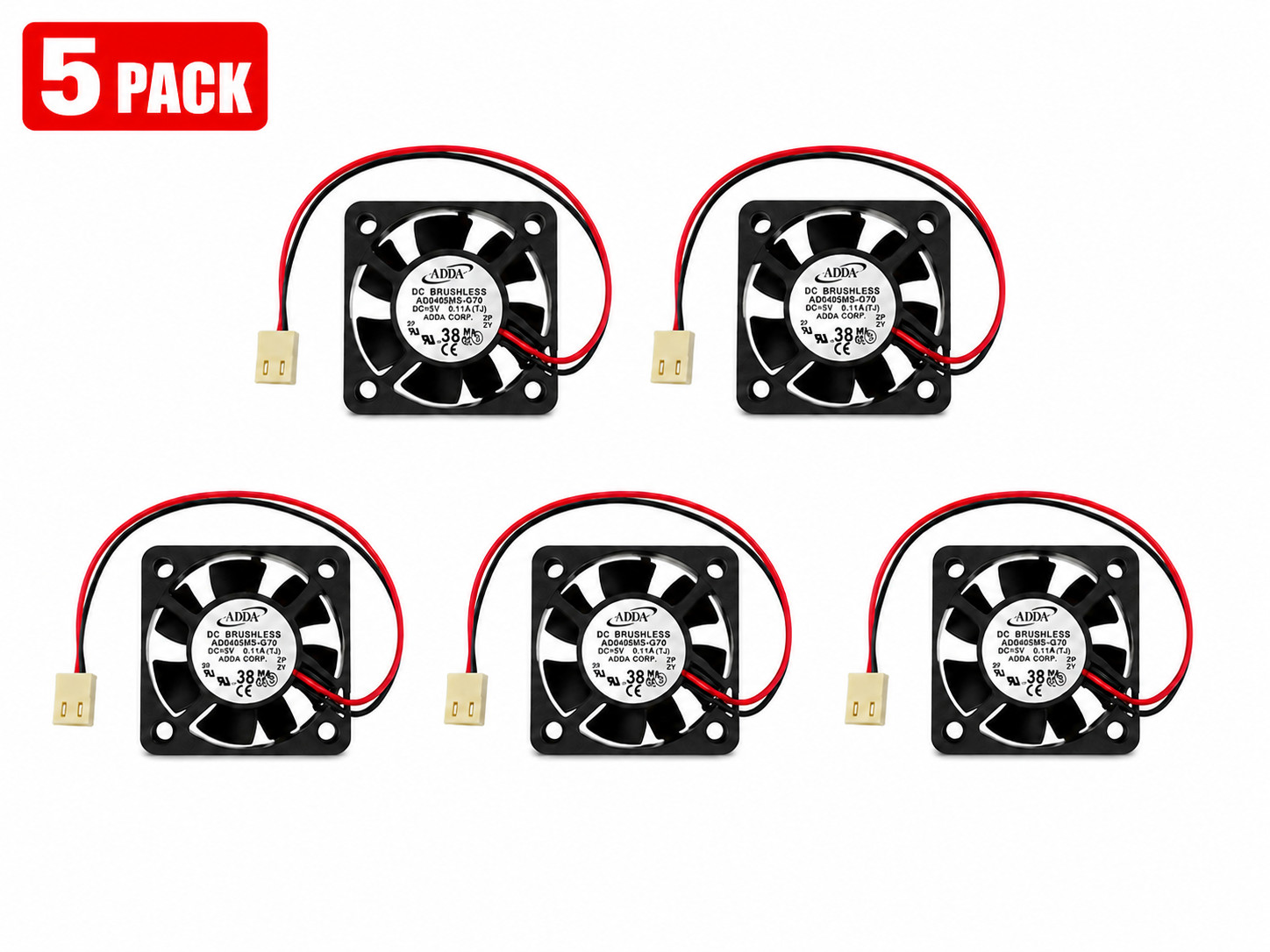 ADDA AD0405MS-G70 5V 0.11A 2-Pin DC Brushless Cooling Fan 40x10mm, 5PK, OPENBOX
