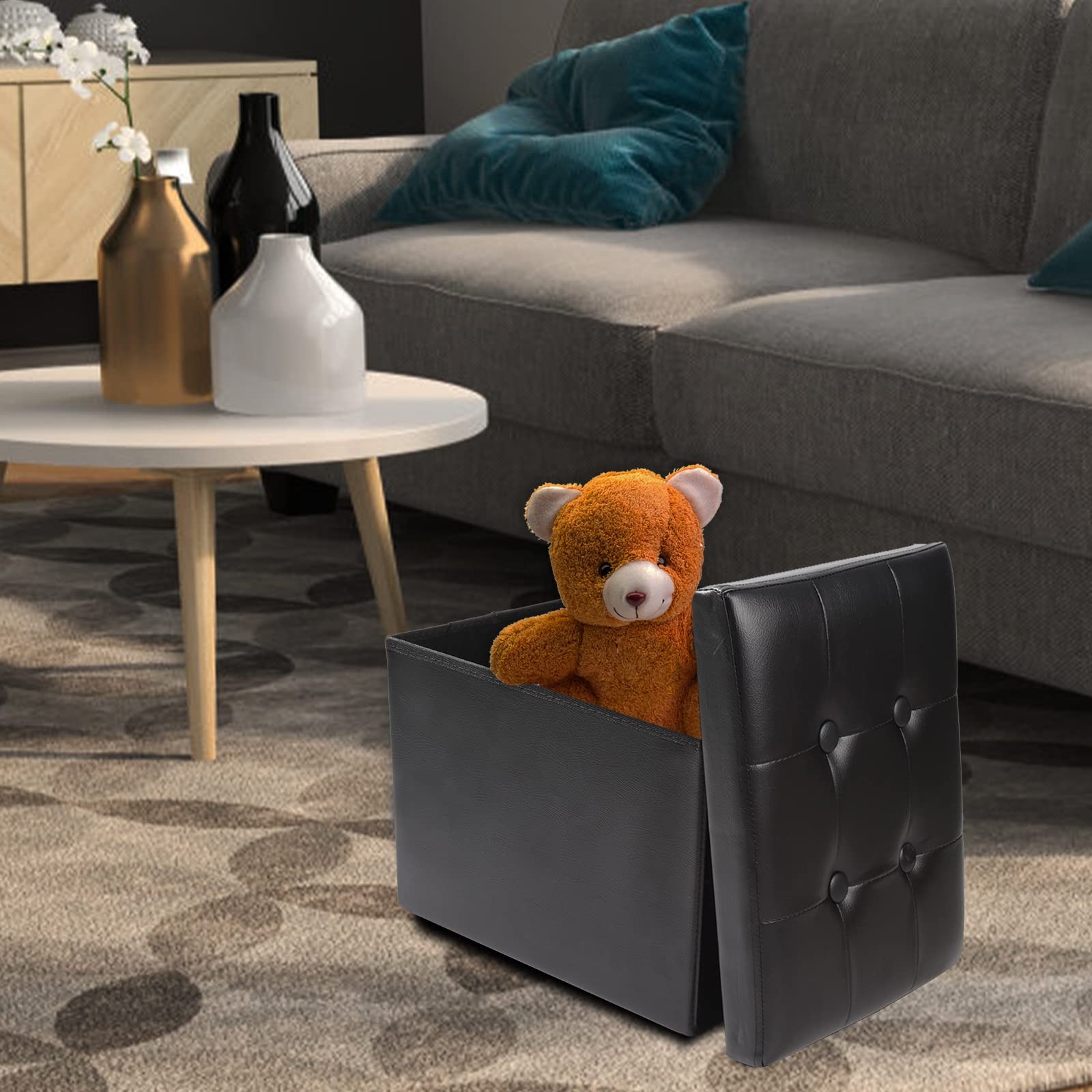 ALASDO Storage Ottoman Footrest Stool Small 13"D x 17"W x 13"H, Black Leather