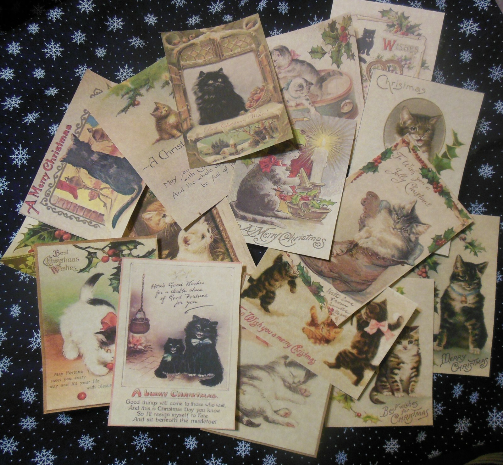 Set of 16 LARGE VINTAGE/VICTORIAN KIT/CAT Christmas-images taken from postcards