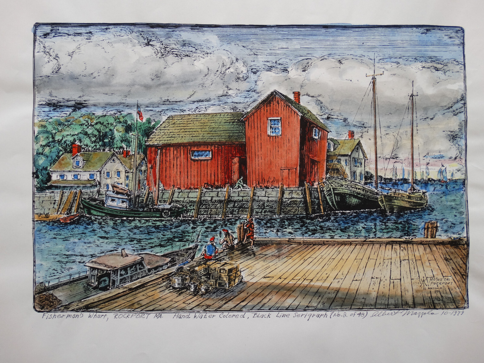 RARE 1979 ALBERT MAZZOLA WATER COLOR SERIGRAPH ART PAINTING #2 OF 48 FISHERMANS