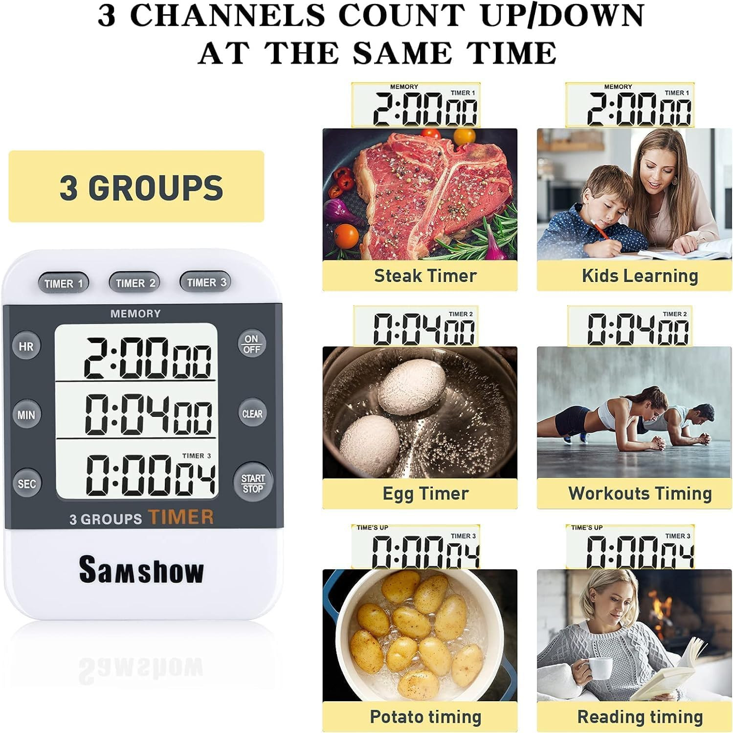 Digital Kitchen Timer Dual Timers 3 Channels Count Up/Down Timer Cooking Timer L