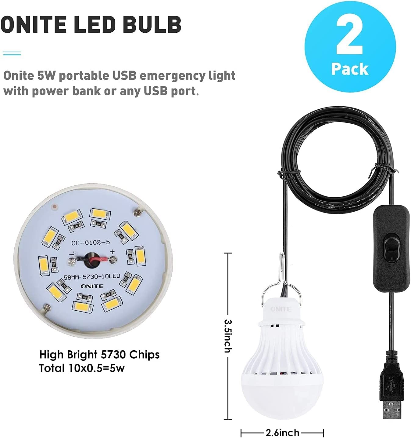 2-Pack USB LED Light Bulb, Emergency Backup Lighting for Camping, Garage, Pow...