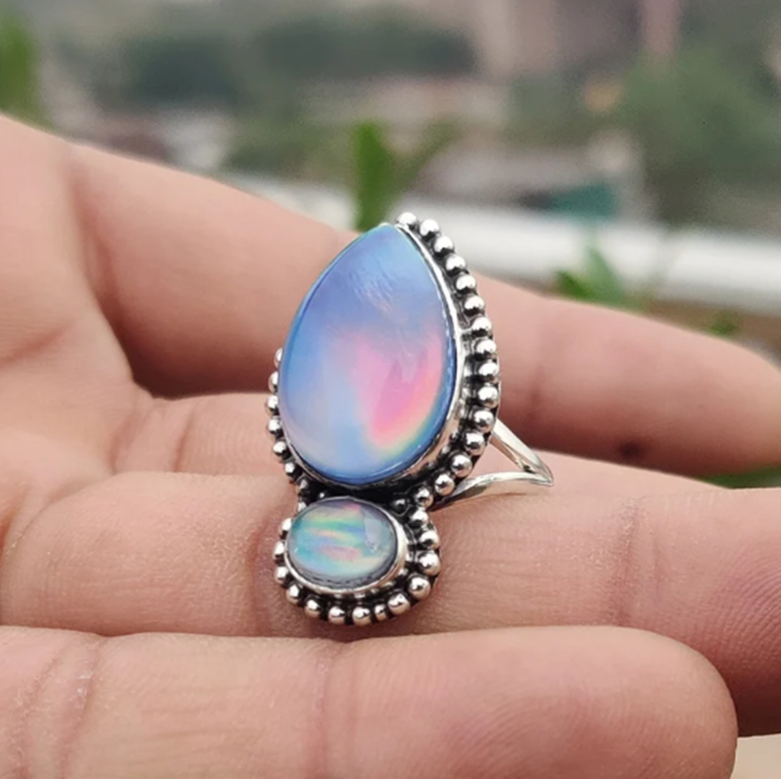 Aurora Opal Ring Gemstone Solid 925 Sterling Silver Handmade Beautiful Ring MK*