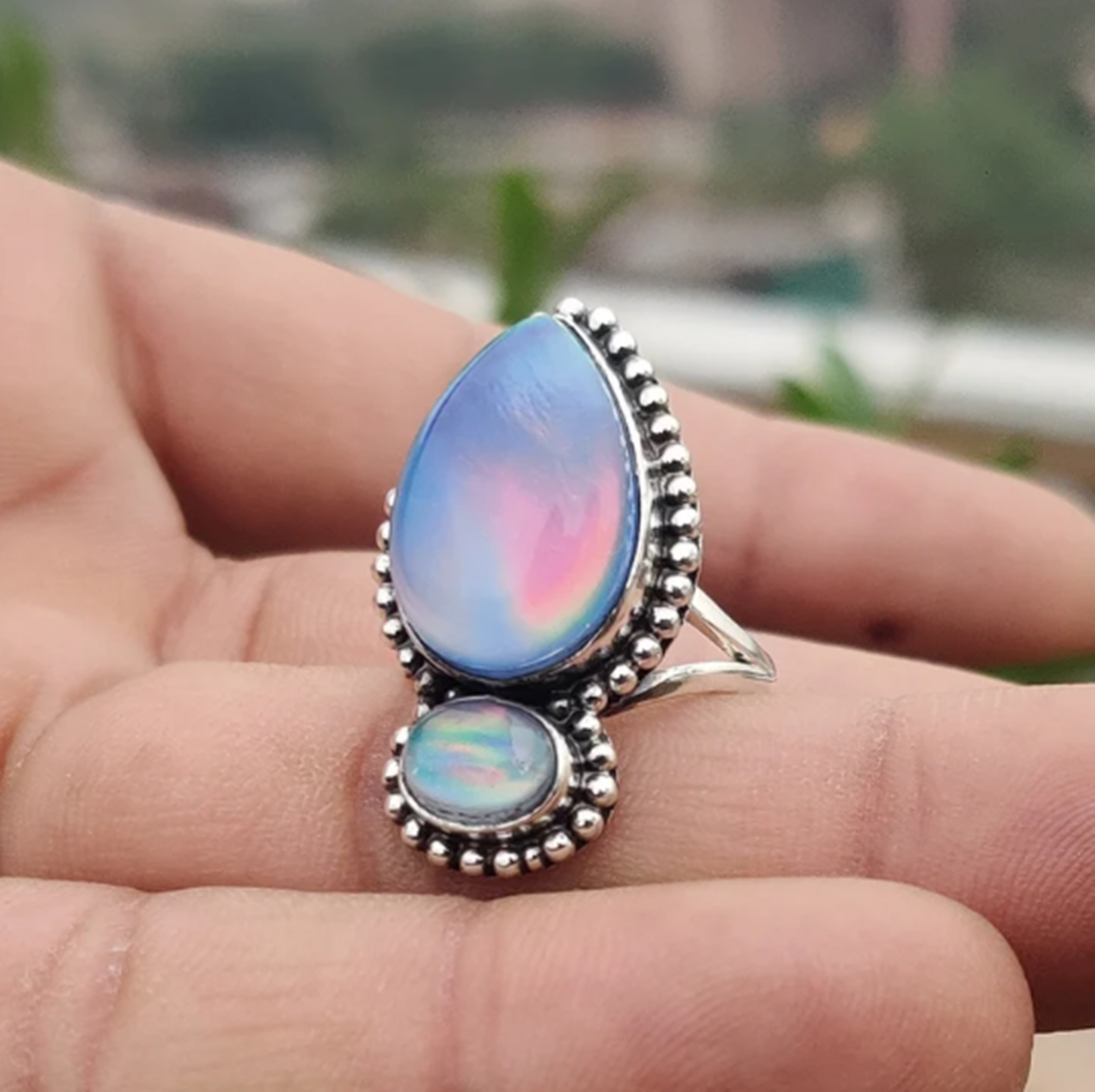 Aurora Opal Ring Gemstone Solid 925 Sterling Silver Handmade Beautiful Ring MK*