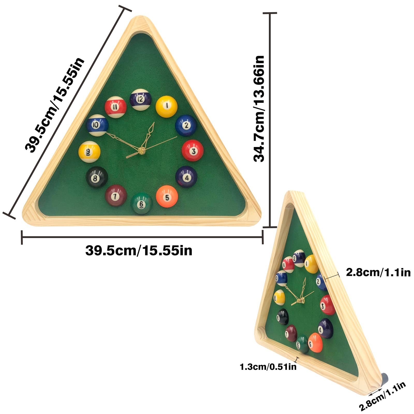 14-Inch Triangle Pool Table Wall Clock - Solid Wood Frame for Billiards Room, Ga