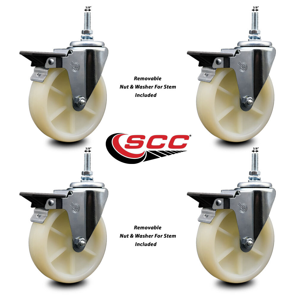 5 Inch Nylon 3/8 Inch Threaded Stem Caster Set with Brake