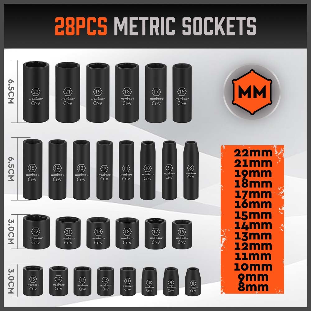50PCS Impact Socket 3/8" DR Shallow & Deep SAE & Metric w/ Carry Case