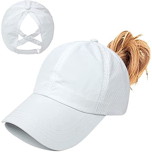 Womens Ponytail Hat Baseball Cap, Adjustable Criss Cross One Size Zwhite