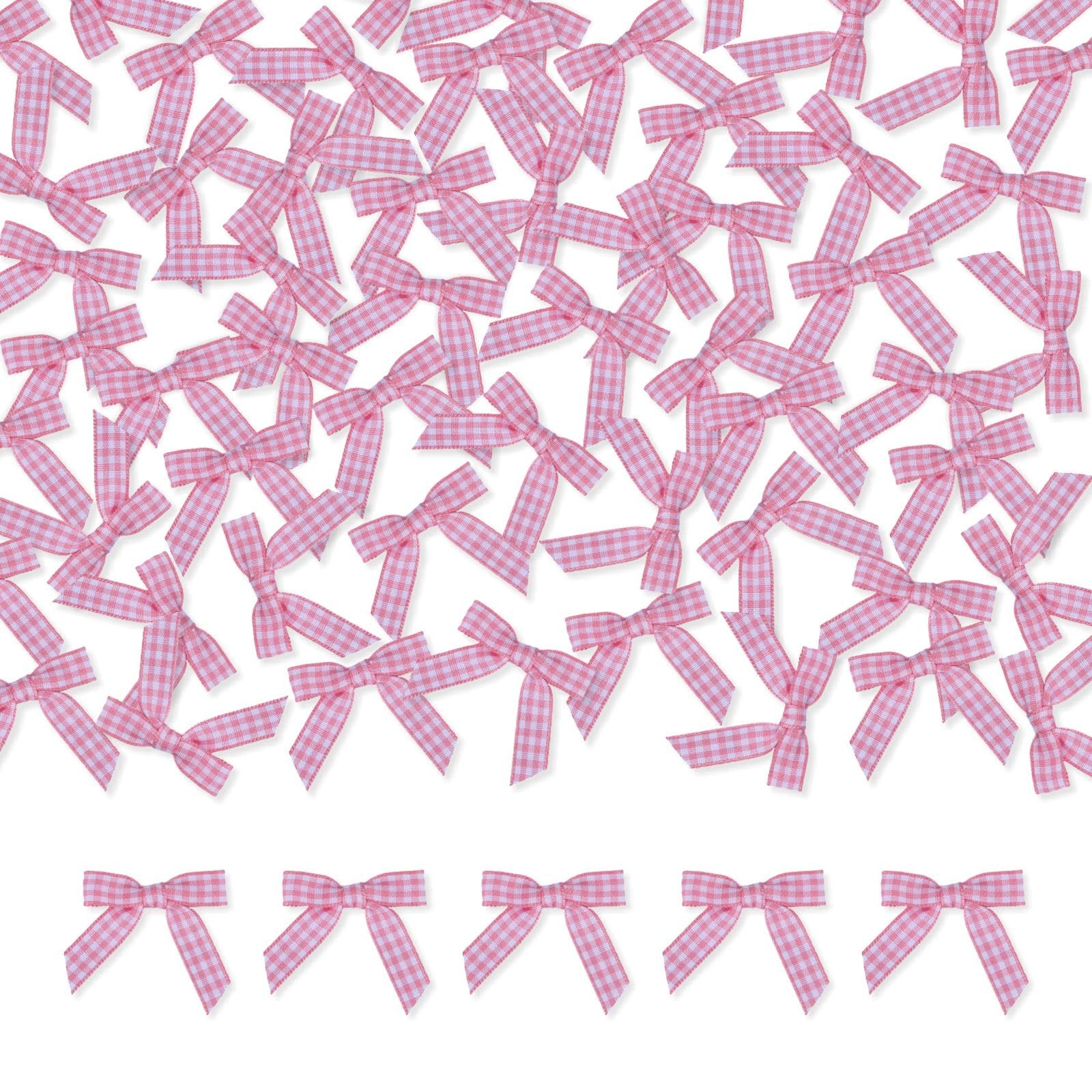 100 PCS Gingham Craft Bows, 1.5 Inch, Self Adhesive, Pink, White Plaid, Premade