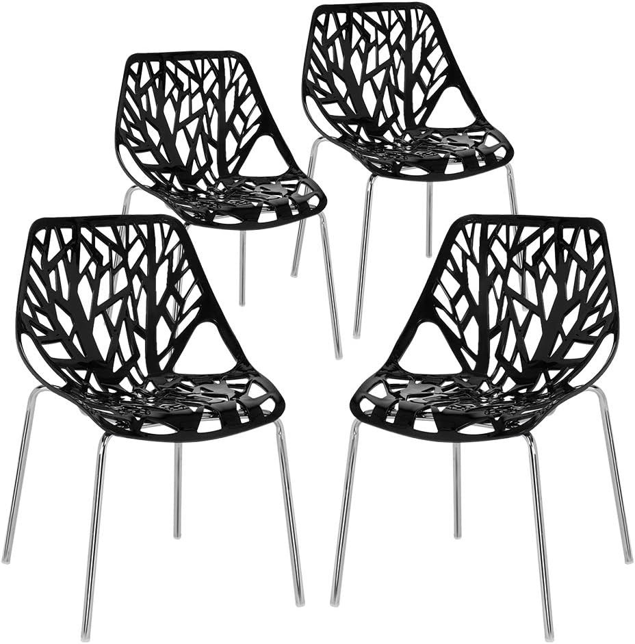Modern Stackable Dining Chair Set of 4, Black, Plastic Birch Sapling Chairs for