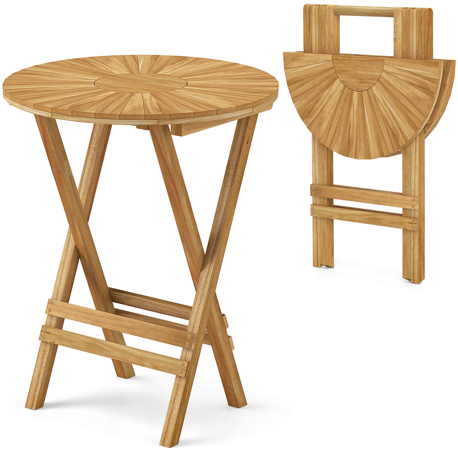 23.5" Teak Wood Round End Table Patio Folding Side Table Fully Assembled Natural