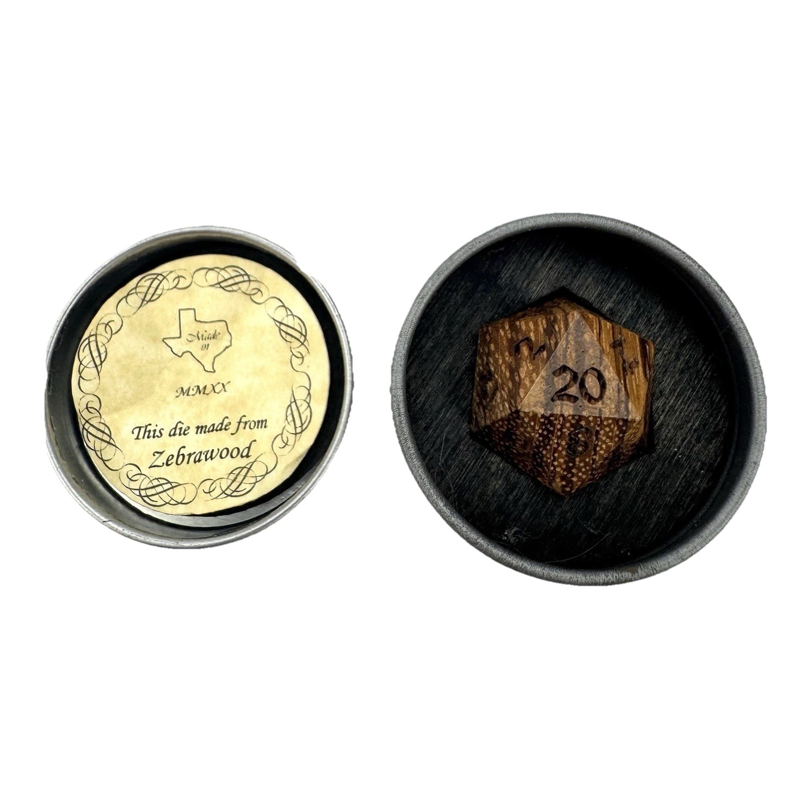 Artisan Dice D20 Zebrawood 20-Sided Die Tabletop RPG D&D with Original Tin MMXX