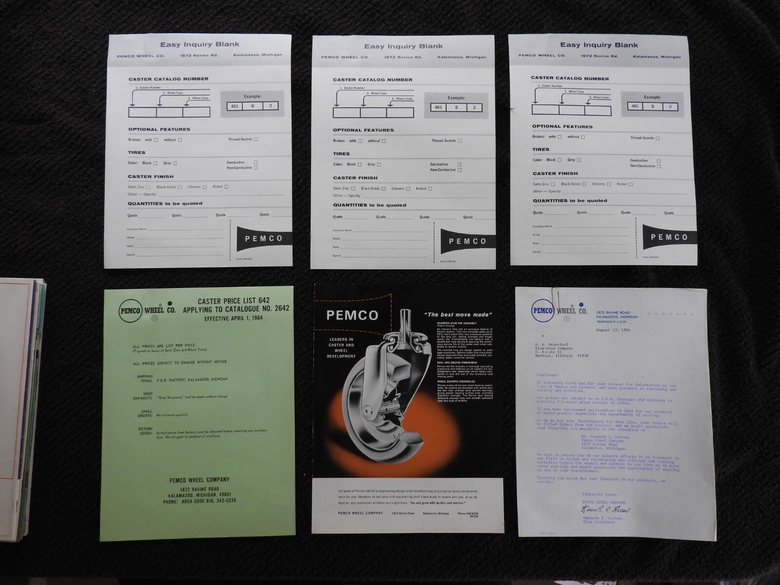 1964 Pemco Wheel Company Sales Literature Kalamazoo MI Signed Letter Casters