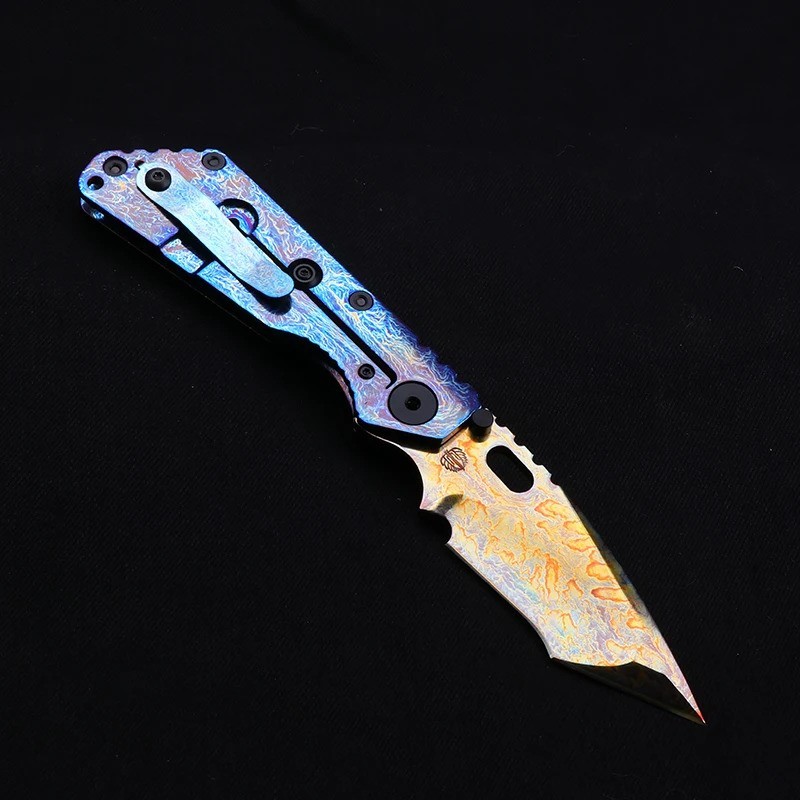 New Flame Pattern Blade TC4 Titanium Blue Anodized Custom Handle EDC Pocketknife