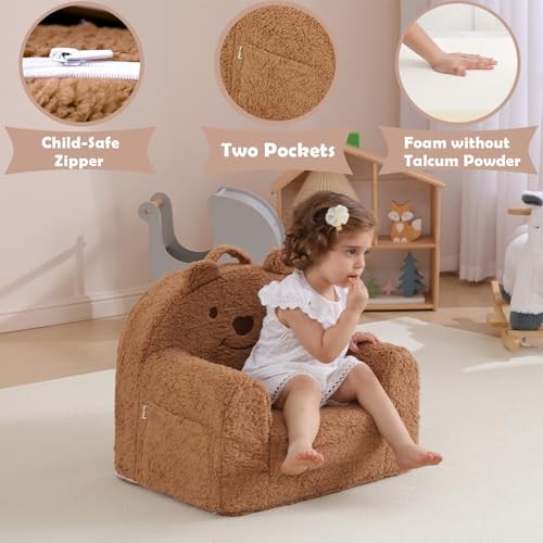 Toddler Chair,Sherpa Bear Toddler Couch Fold Out,Children Reading Brown