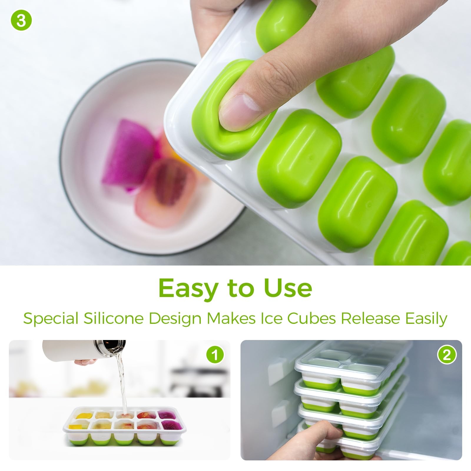 DOQAUS Ice Cube Tray with Lids - 4 Pack Stackable 4Pack-7.2"*4.1"*1.3", Green