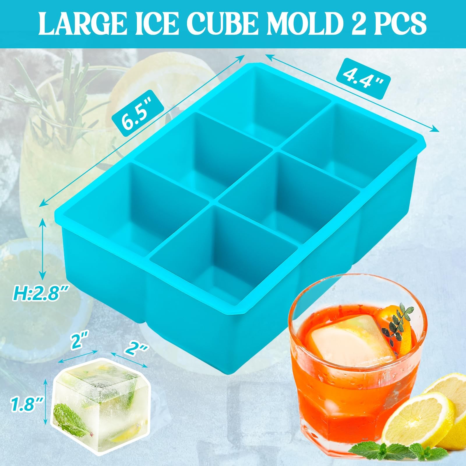Webake 2 Inch Large Ice Cube Tray, Flexible Mold Square, Blue