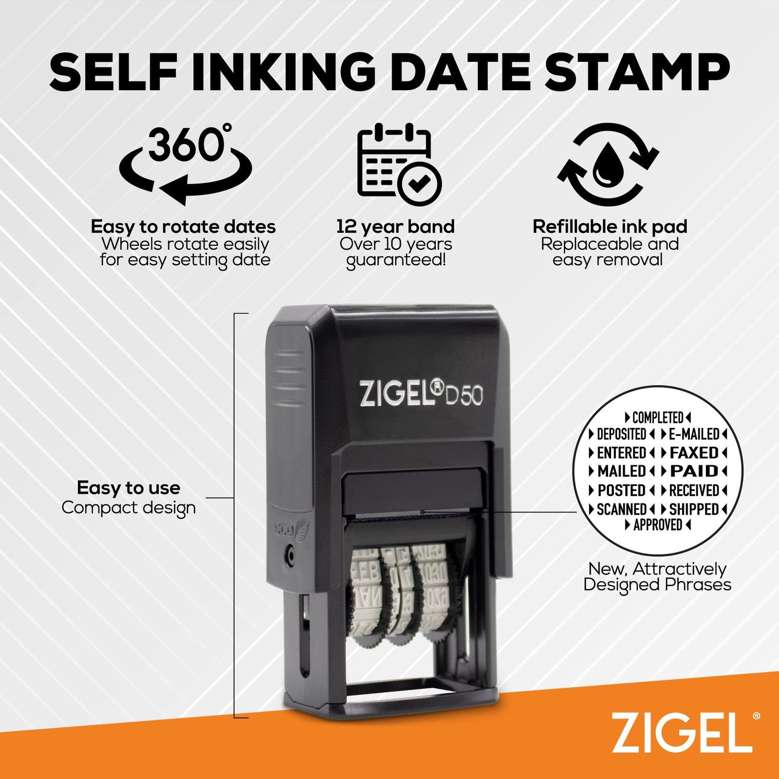 ZIGEL D50 Date Stamp with Received - Self Inking - RECEIVED, Red