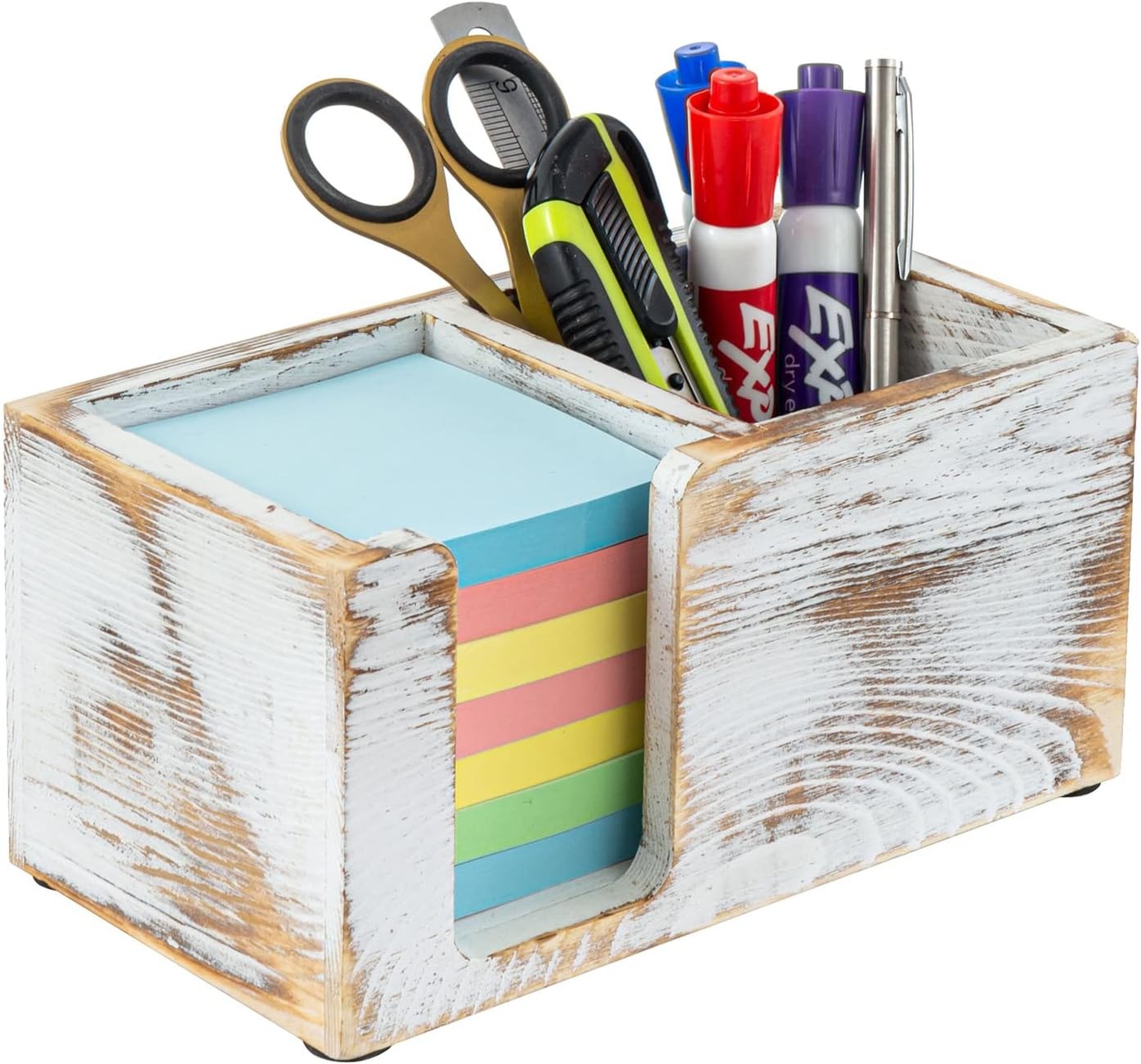 Shabby White Washed Solid Wood Sticky Note and Stationery Holder Stand, Office