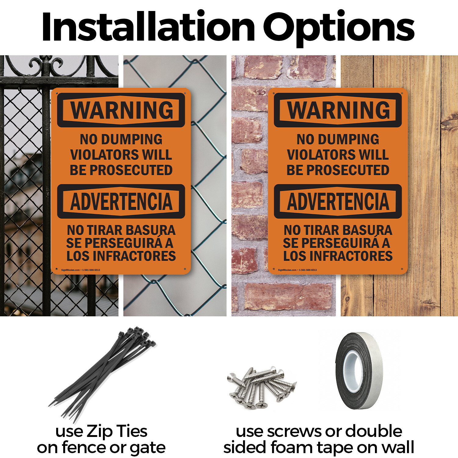 (2 Pack) No Dumping Violators Prosecuted Bilingual OSHA Warning Sign Decal Metal