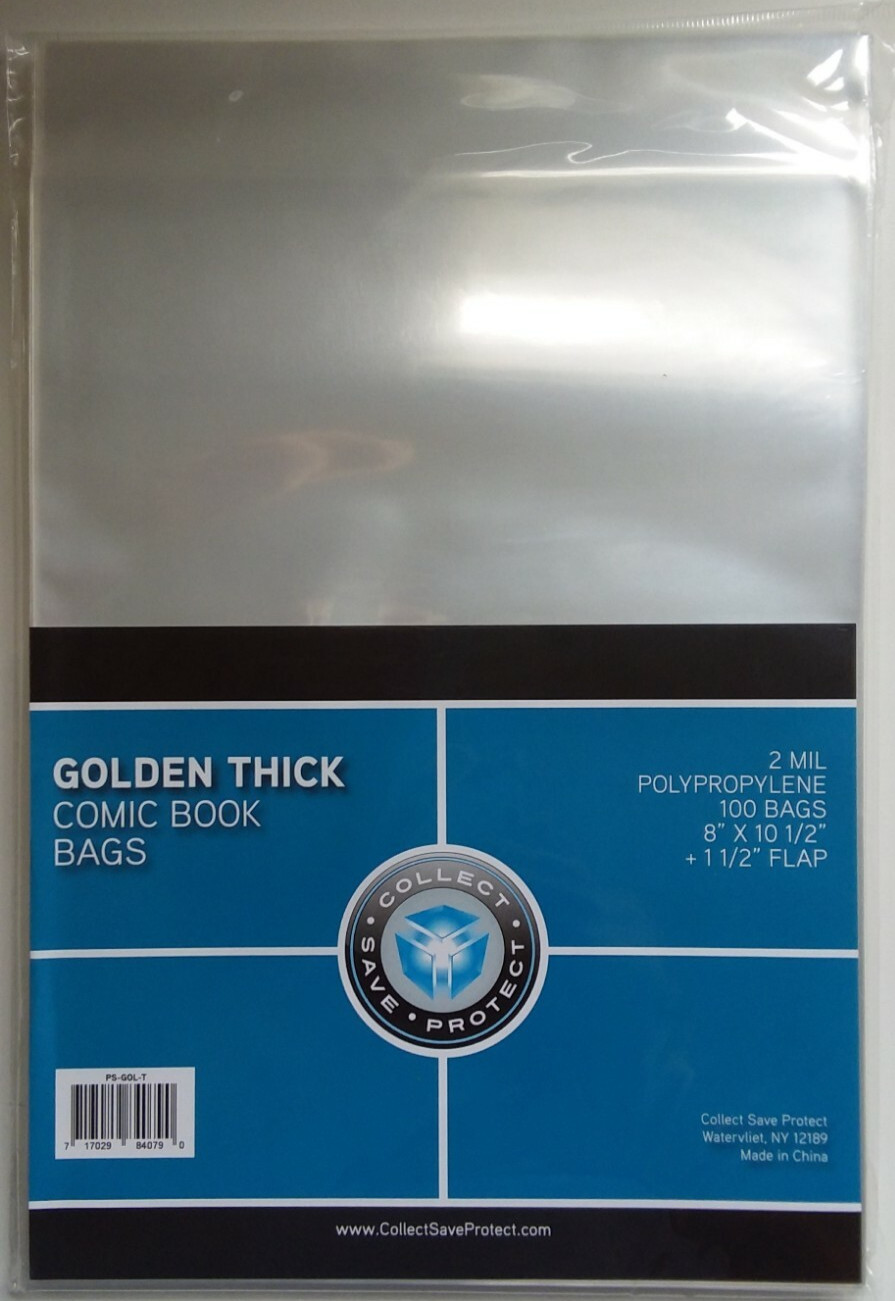 (100) CSP Golden Thick Comic Book Bags Protectors No PVC NIP 8 x 10 1/2 w/Flap