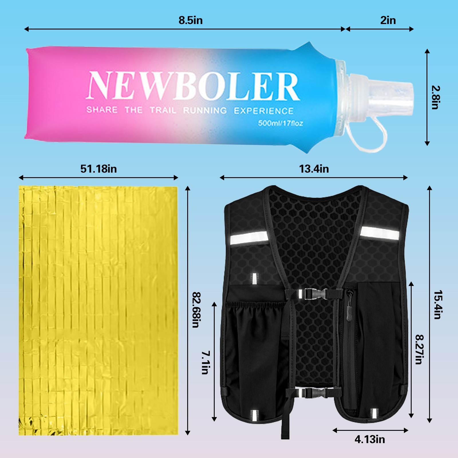 Running Hydration Vest Backpack 500ml Soft Flask Emergency Blanket Reflective