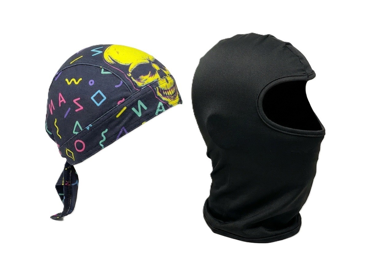Lot of 2 SportFlex Gold Skull & Symbol Headwrap Biker Durag Cap Black Balaclava