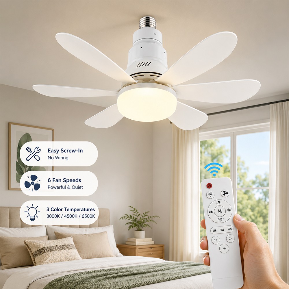 2-in-1 Socket Fan Light with Remote Screw in Ceiling Fans LED Light Bulb Fan 20"