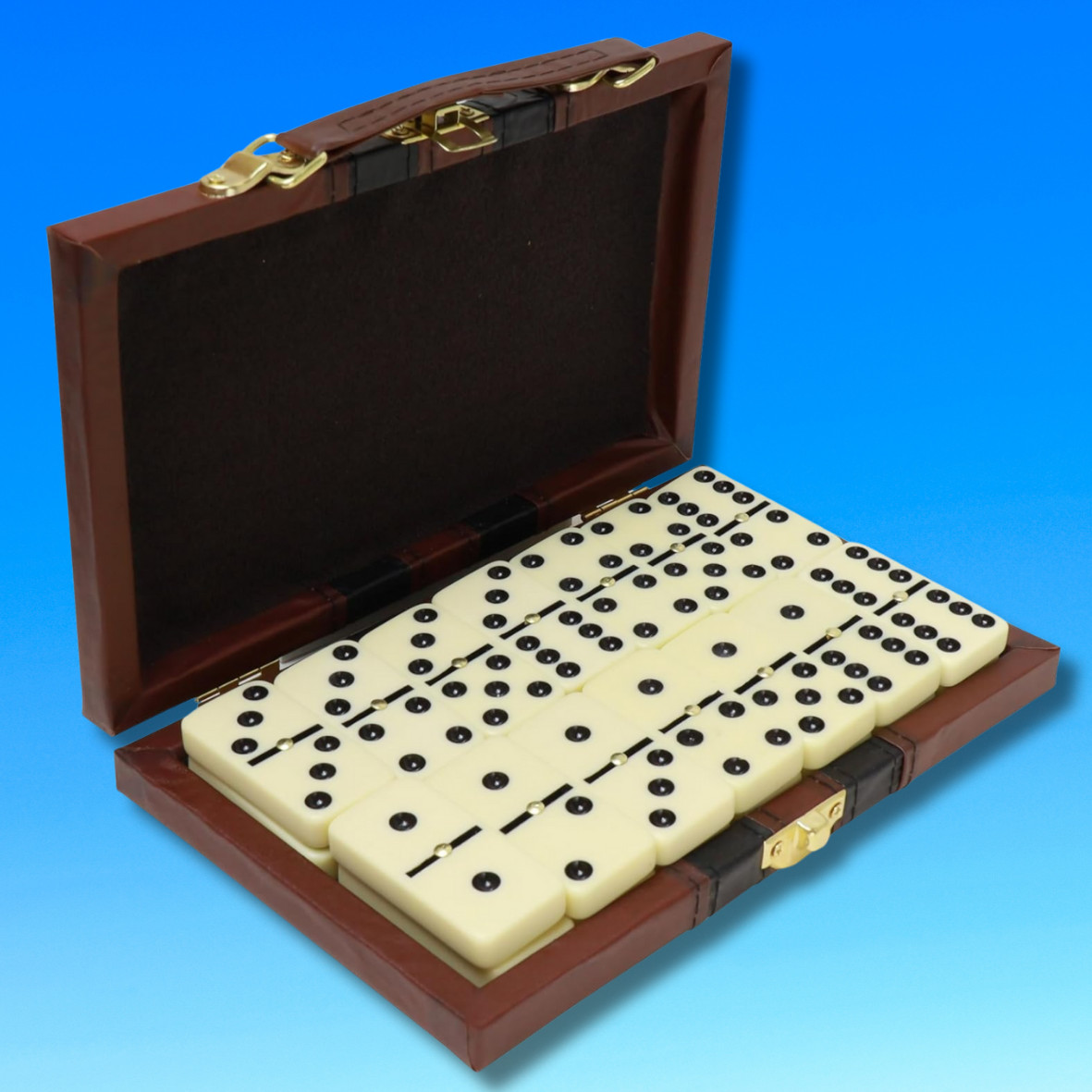 DOMINOES DOUBLE SIX LEATHERETTE CASE STANDARD SIZE TILE THICK 28 PC DOMINO GAME
