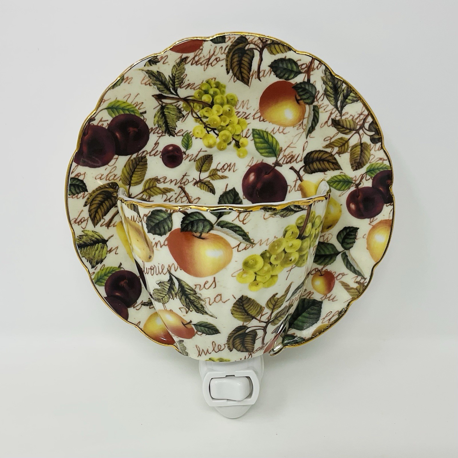 Baum Bros Formalities Night Light Tea Cup & Saucer Fruit Pattern Gold Rim Dining