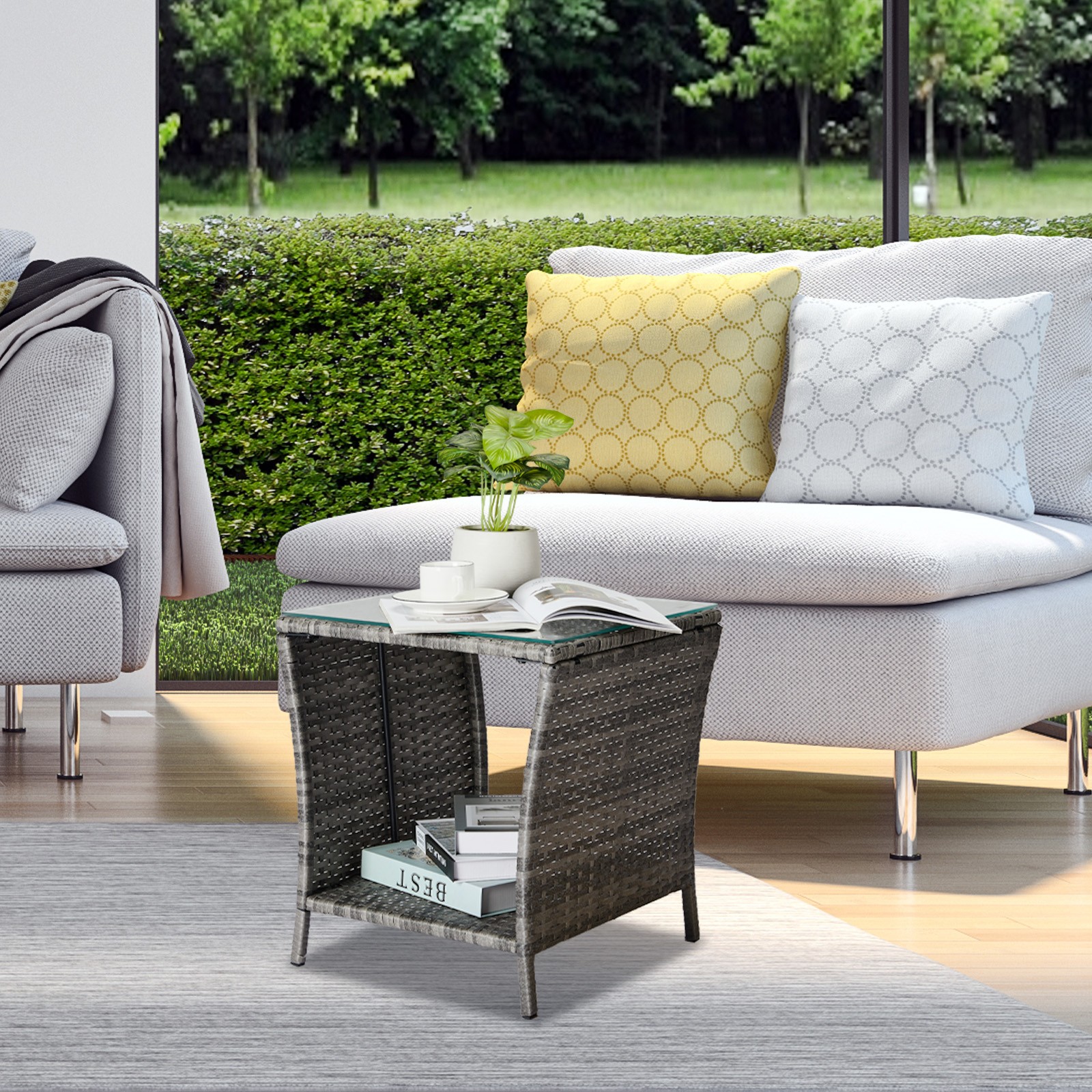 Wicker Side Table, Square End Table Bistro Coffee Table with Glass Top