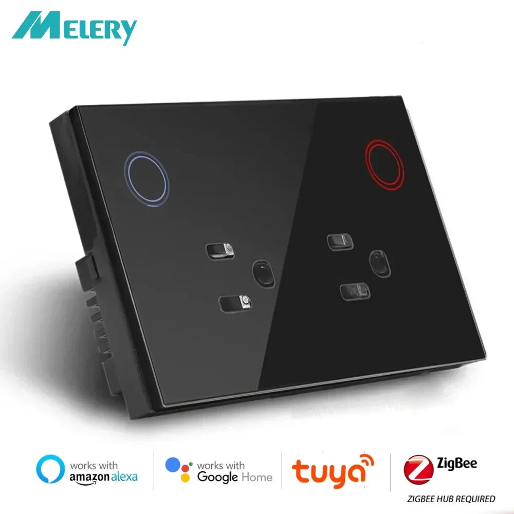 Melery Zigbee Tuya Smart Wall Plug Socket Glass Panel 16A US Electrical Socket