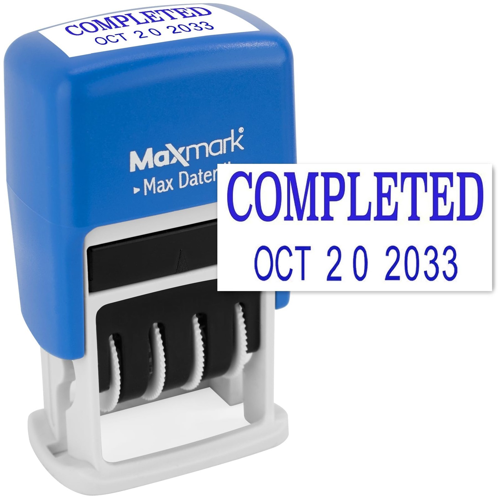 Self-Inking Rubber Date Office Stamp with Completed Phrase & Date - Blue Ink ...
