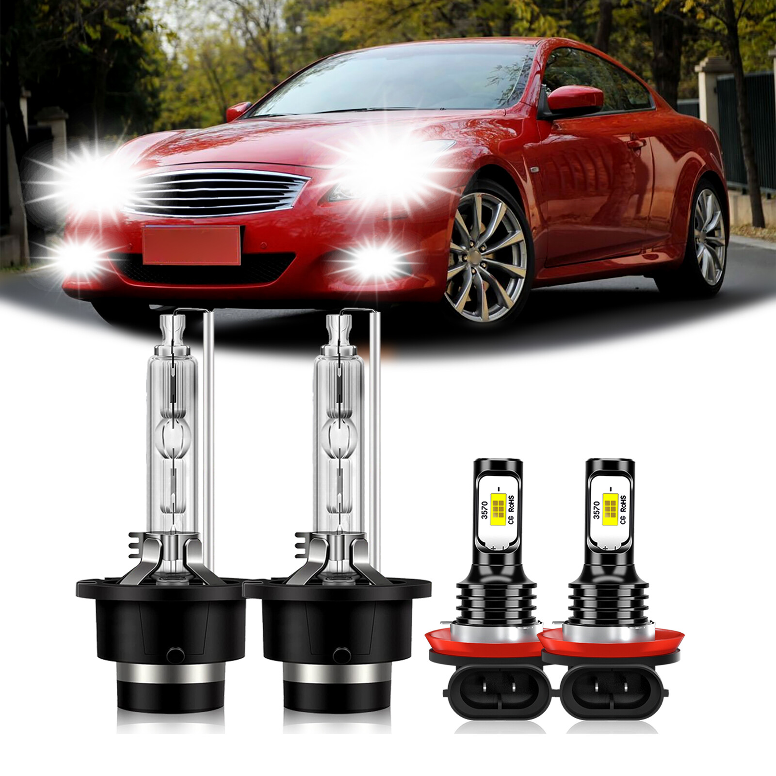 For Infiniti G37 2008-2013 6000K HID Headlights High/Low+LED Fog Light Bulbs Kit