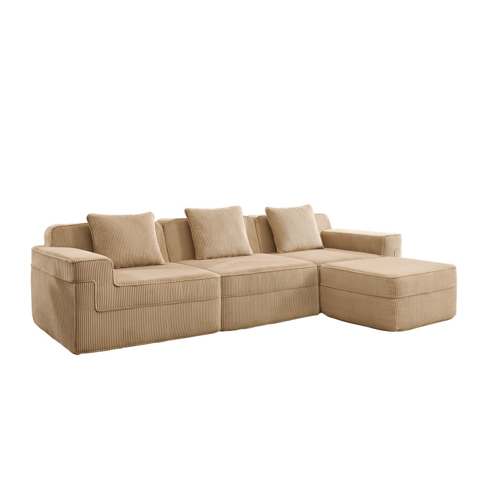 Modular 3-Seat L-Shape Sectional Sofa w/ Ottoman, Corduroy Camel